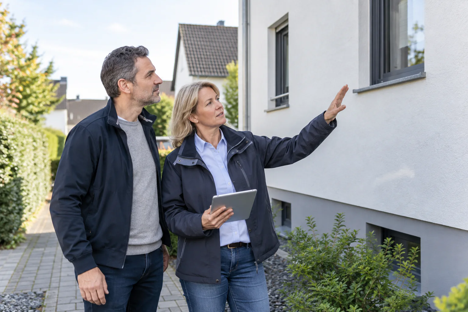 Berufserfahrener Quereinsteiger besucht mit einer Kollegin ein Wohnhaus